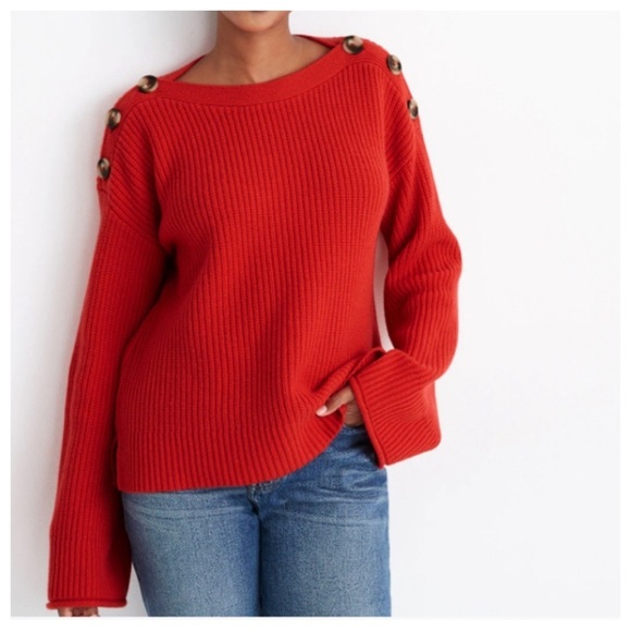 NWT Madewell Red Calloway Pullover Sweater Wool Blend Wide Sleeves Boatneck Boxy - Picture 1 of 15